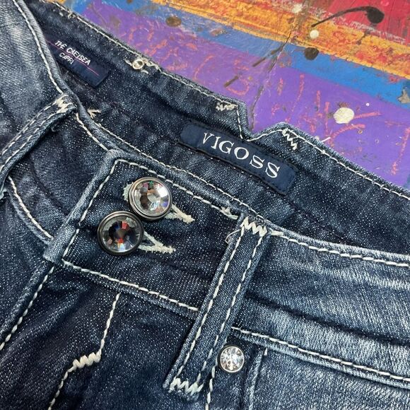 Vigoss The Chelsea Capri Jeans - Size 3/4 - Dark Wash, Embellished Buttons - Picture 3 of 11